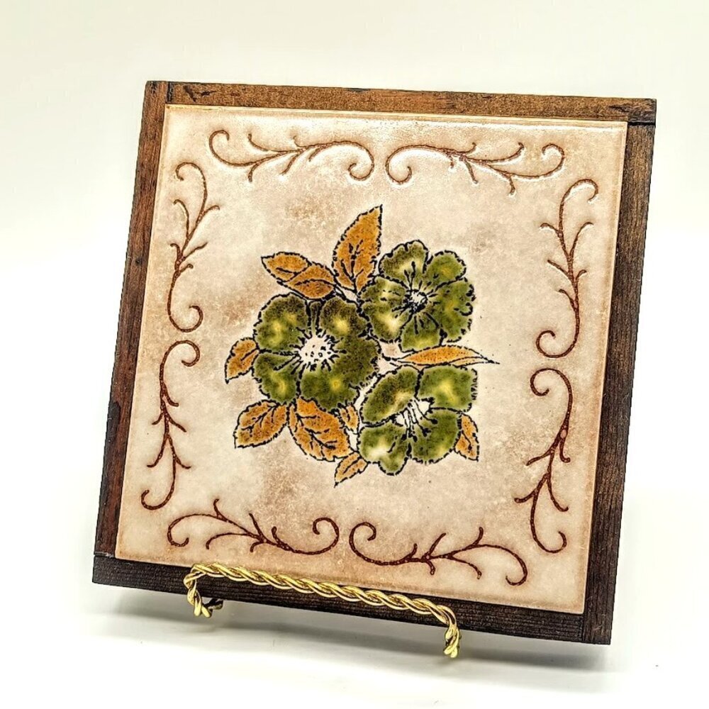 Vintage Italian Wood Square Ceramic Tile Trivet - Floral